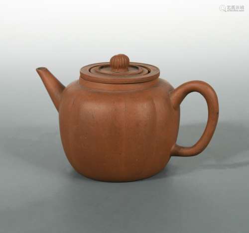 A Chinese Yixing melon shape teapot, cover, and internal strainer, late Qing Dynasty,