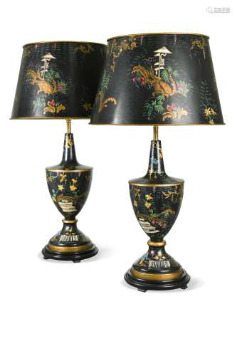 A pair of toleware table lamps and matching shades, modern,