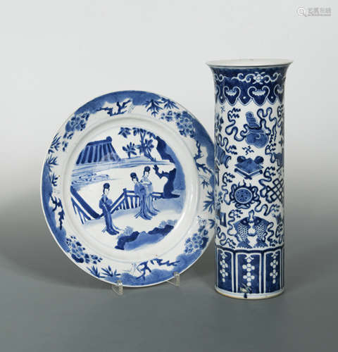 A Chinese blue and white export 'Lange Lijzen' plate, Qing Dynasty, Kangxi (1662-1722),