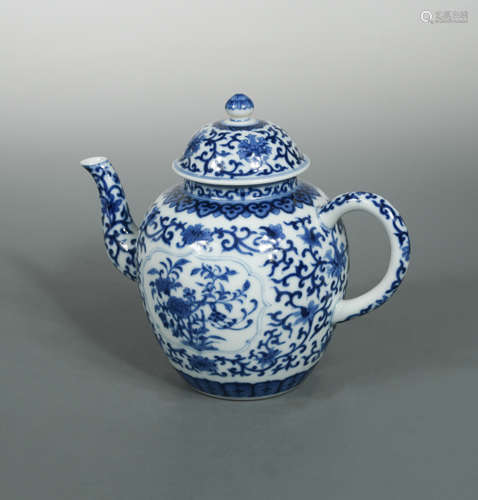 A Chinese blue and white porcelain teapot and cover, Qianlong seal mark but later,