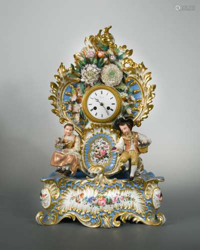 Jacob Petit, a turquoise cartouche shaped mantel clock and stand,