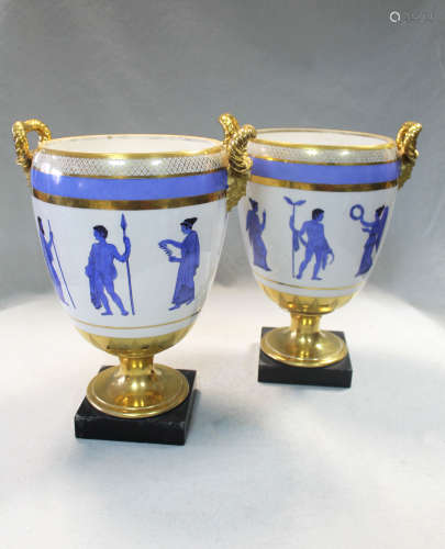 A pair of French porcelain two-handled neoclassical vases,