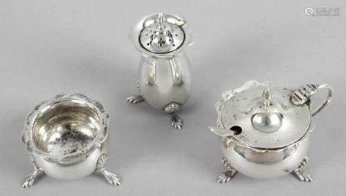 An Edwardian silver matched three piece condiment set,