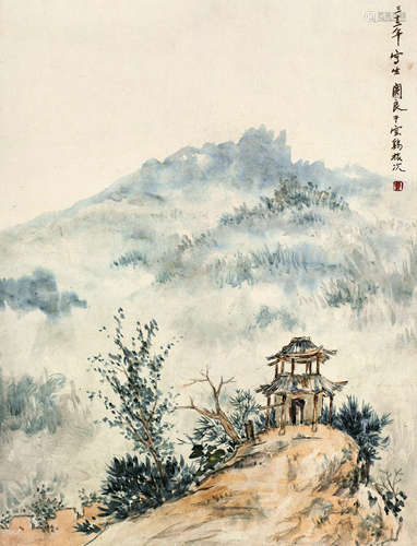 关良（1900～1986）1943年作 宝鸡小景 立轴 设色纸本