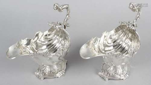 An impressive pair of early Victorian silver pedestal sauce boats,