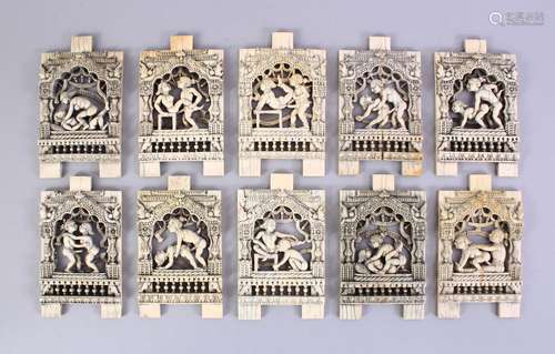 A LOT OF TEN 18TH / 19TH CENTURY INDIAN CARVED IVORY EROTIC PLAQUES, this lot comprising ten well