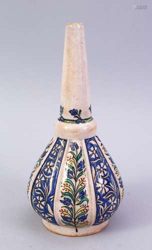 A 19TH CENTURY FRENCH POTTERY ROSEWATER SPRINKLER, in the style of Ottoman Turkish Kutahiya, with