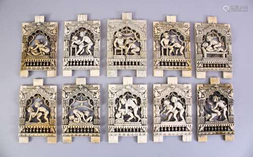 A LOT OF TEN 18TH / 19TH CENTURY INDIAN CARVED IVORY EROTIC PLAQUES, this lot comprising ten well