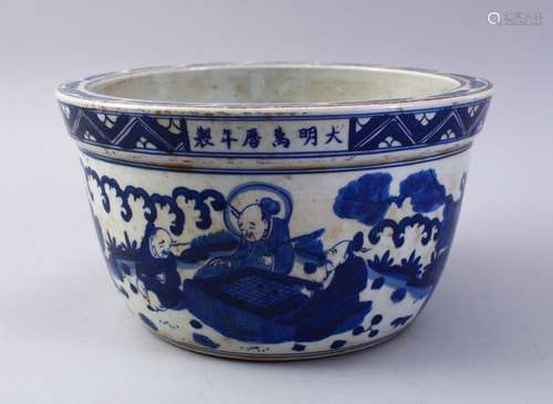 A GOOD CHINESE MING STYLE BLUE & WHITE PORCELAIN JARDINIERE, decorated with scenes of figures in