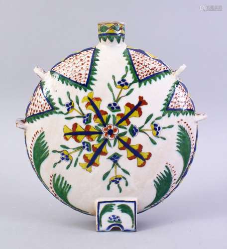 A GOOD EARLY TURKISH KUTAHYA POTTERY WATER FLASK, ith floral decor, AF, 21.5cm.