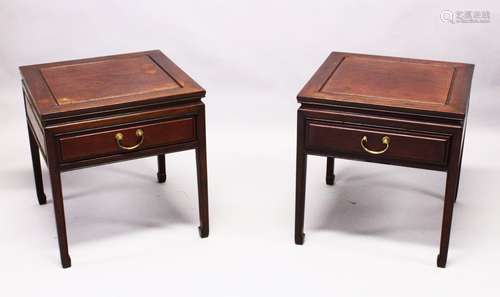 A GOOD PAIR OF 19TH / 20TH CENTURY CHINESE CARVED HARDWOOD SIDE TABLES, the tables stood on four