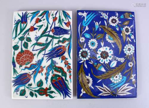 TWO TURKISH IZNIK POTTERY TILE FRAGMENTS, depicting displays of native flora, 24 x 16cm