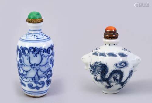 TWO CHINESE 19TH / 20TH CENTURY BLUE & WHITE PORCELAIN SNUFF BOTTLES, one decorated with scenes of a