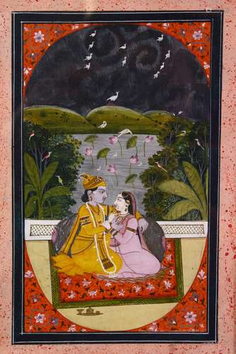 A FINE 19TH CENTURY INDIAN PAHARI KANGRA PUNJAB HILLS PAINTING OF KRISHNA AND RADHA, framed and