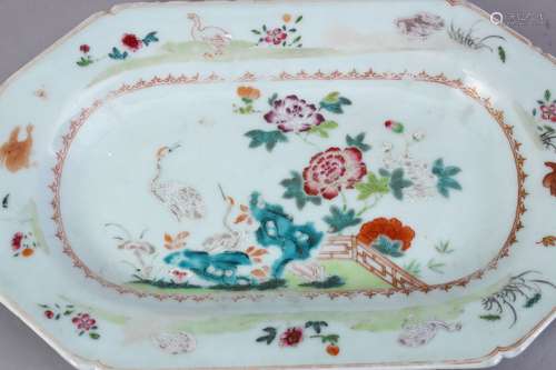 TWO 18TH CENTURY CHINESE FAMILLE ROSE PORCELAIN DISHES, decorated with flora and cranes, 28cm x