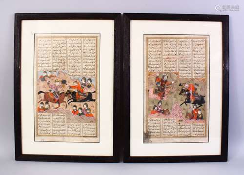 TWO LARGE 17TH/18TH CENTURY PERSIAN SAFAVID SHAHNAMA PAINTINGS, double sided, depicting warriors and