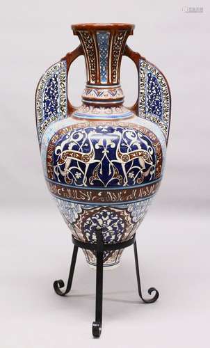 A HUGE 19TH CENTURY ISLAMIC HISPANO MORESQUE POTTERY ALHAMBRA STYLE POTTERY VASE & STAND, possibly