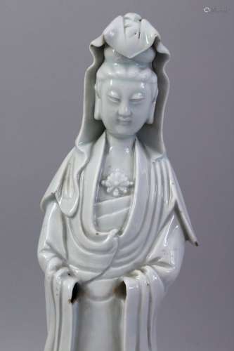 A GOOD 19TH CENTURY CHINESE BLANC DE CHINE PORCELAIN FIGURE OF GUANYING, 35cm high.