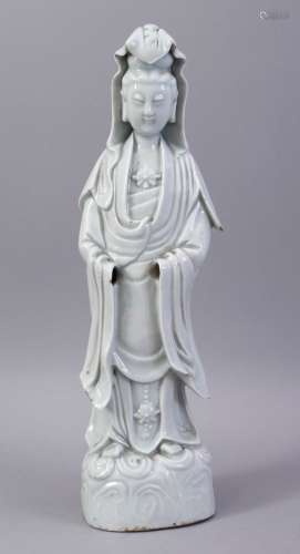 A GOOD 19TH CENTURY CHINESE BLANC DE CHINE PORCELAIN FIGURE OF GUANYING, 40CM.