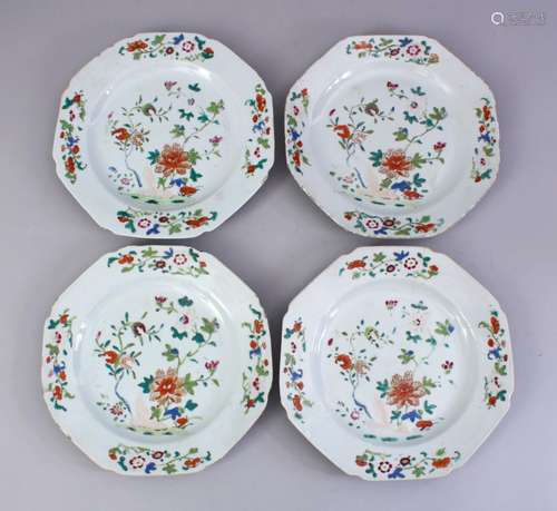 FOUR 18TH CENTURY CHINESE FAMILEL ROSE PORCELAIN PLATES, decorated with flora, 22cm.