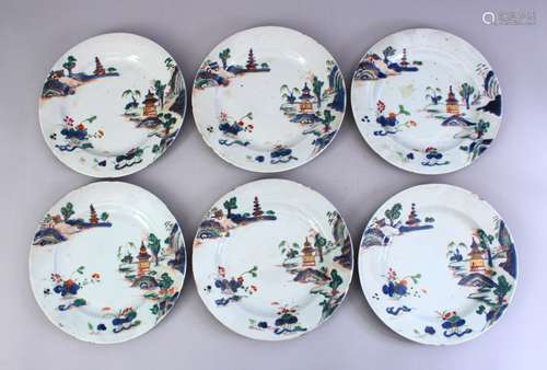 SIX 18TH CENTURY CHINESE FAMILLE VERTE PORCELAIN PLATES, each decorated with a landscape view with