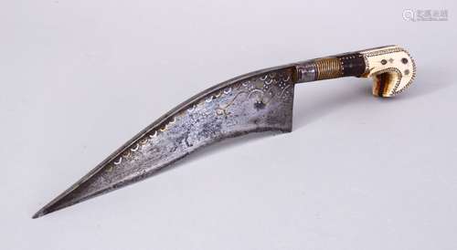 A 19TH CENTURY INDIAN IVORY HILTED DAGGER, with gold and silver inlaid curving blade, 23cm long.