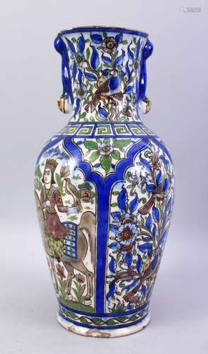 A GOOD QAJAR POTTERY VASE, decorated with scenes of figures upon horseback in landscapes, 35cm high,