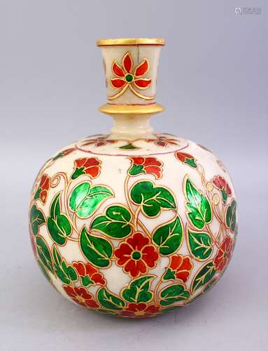 A LATE 19TH CENTURY INDIAN MARBLE ONE PIECE POLYCHROMED VASE, the body with polychrome decoration of