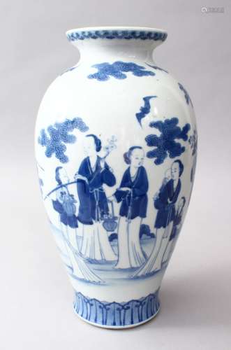A GOOD JAPANESE MEIJI PERIOD BLUE & WHITE PORCELAIN VASE, the body of the vase decorated with scenes