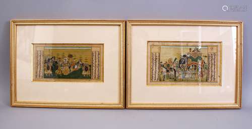 A GOOD PAIR OF 18TH / 19TH CENTURY INDIAN MUGHAL MINIATURE PAINTINGS, framed, one depicting