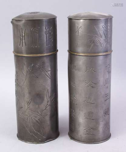 A PAIR OF 19TH / 20TH CENTURY CHINESE PEWTER DRINKING FLASKS, the body of each carved with