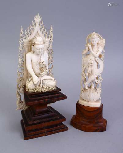 TWO 19TH CENTURY INDIAN CARVED IVORY FIGURE OF BUDDHA / DEITY, one stood playing a flute stood