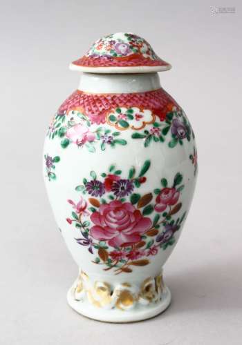 A GOOD 18TH CENTURY CHINESE FAMILLE ROSE PORCELAIN TEA CADDY & COVER, the body with native floral