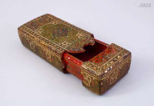 A 19TH CENTURY INDO PERSIAN KASHMIRI PAPIER MACHE LACQUERED SLIDING BOX, 13cm long.