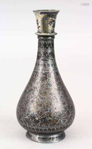 A 18TH/19TH CENTURY ISLAMIC INDIAN SILVER INLAID BIDRI VASE/HUQQA BOTTLE, 17.5cm high.