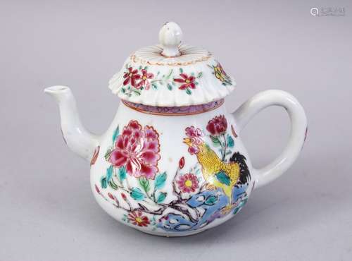 AN 18TH CENTURY CHINESE FAMILLE ROSE PORCELAIN TEA POT & COVER, decorated with scenes of cockeral