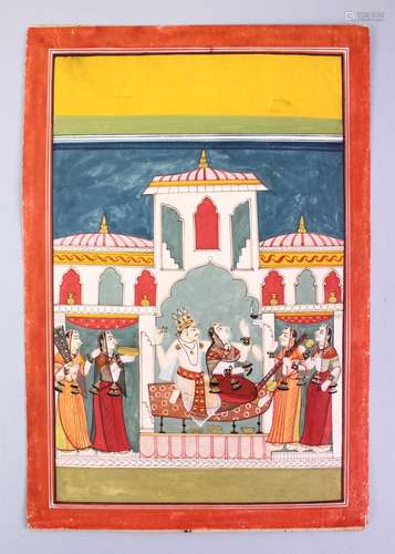 AN INDIAN MUGHAL MINIATURE MEWAR SCHOOL PAINTING , ragmala series, depicting a ing and queen