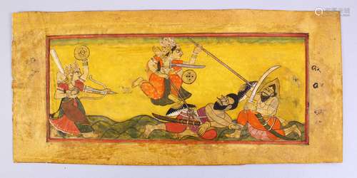 AN INDIAN MUGHAL MINIATURE PAHARI PAINTING, Devi series, overcoming enemies, 24cm wide.