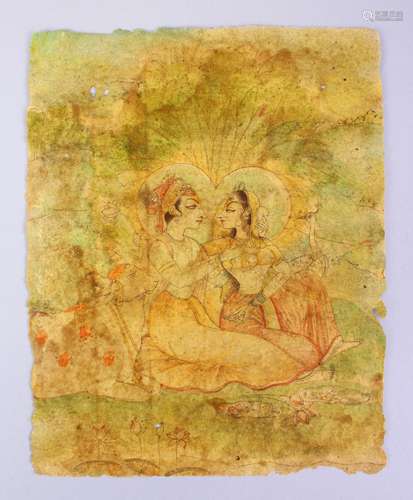 AN INDIAN MUGHAL MINIATURE KISHANGARH SCHOOL PAINTING, depicting two seated lovers, 22cm.