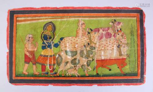 AN INDIAN MUGHAL MINIATURE BIKANER SCHOOL PAINTING, depicting demi god herding his cows with his