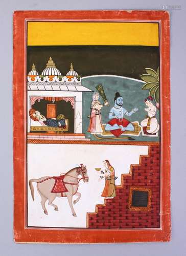 AN INDIAN MUGHAL MINIATURE MEWAR SCHOOL PAINTING, depicting vishnu with braha, in a garden