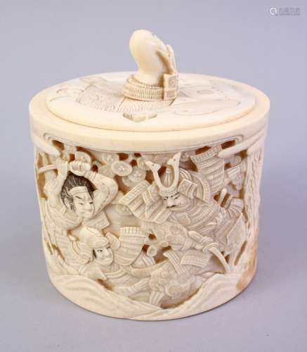 A GOOD QUALITY JAPANESE MEIJI PEIOD CARVED IVORY SAMURAI WARRIOR TUSK POT & COVER, the pot finely