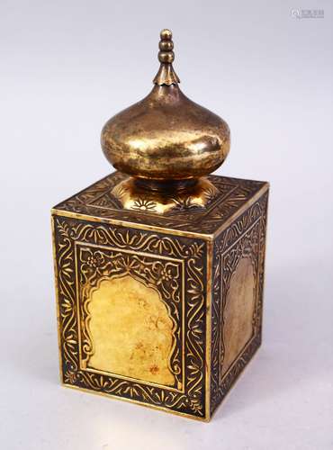 A GOOD ASPREYS GILT SILVER ISLAMIC MARKET PERUME BOTTLE HOLDER IN THE FORM OF A MOSQUE, with