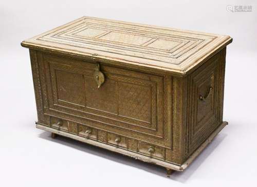 A SUPERB 19TH CENTURY OR EARLIER BRASS OVERLAID CAMPHOR WOOD CEREMONIAL TRUNK, 60cm high, 98cm wide,