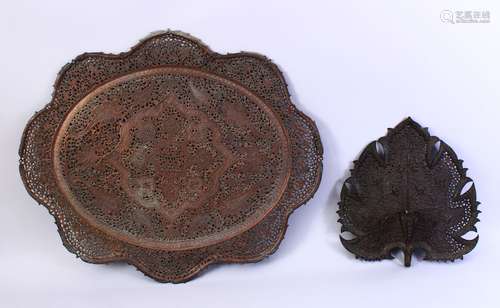 A GOOD LARGE 19TH CENTURY KASHMIRI OPENWORKED COPPER TRAY OF LOBED DESIGN, together with a similar