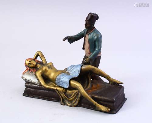 IN THE MANNER OF BERGMAN, A COLD PAINTED BRONZE EROTIC FIGURAL GROUP, 18cm long.