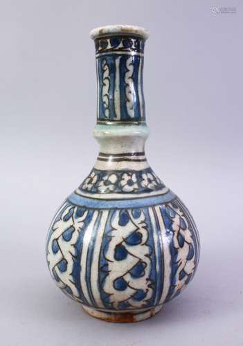 A 17TH/18TH CENTURY PERSIAN SAFAVID POTTERY HUQQA BASE, with blue glazed panels of flowers and