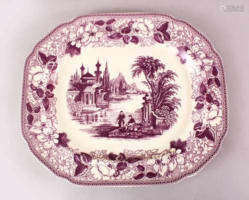 A VICTORIAN PURPLE GLAZED PORCELAIN SERVING DISH WITH ISLAMIC DECORATION, 43CM X 36CM.