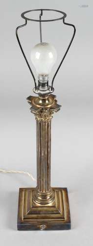 A silver plated Corinthian column table lamp on stepped square base,