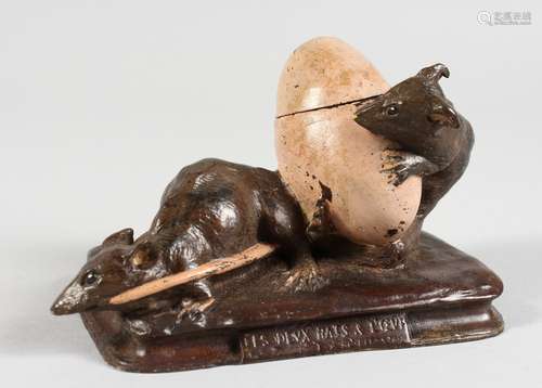 A COLD PAINTED BRONZE GROUP, TWO MICE WITH AN EGG, as an inkwell. 5ins long.